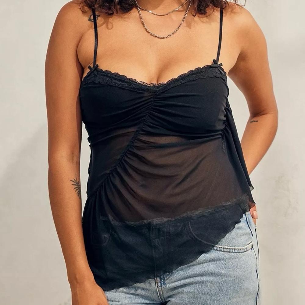 Urban Outfitters Light Before Dark Rue Ruched Mesh Lace Cami Top